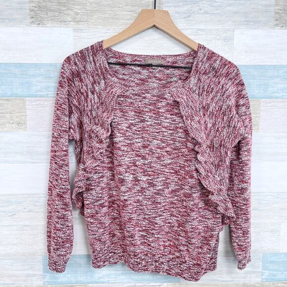 Lilla P Ruffle Marled Knit Sweater Red Boat Neck Cotton Blend Womens Small - Picture 2 of 7